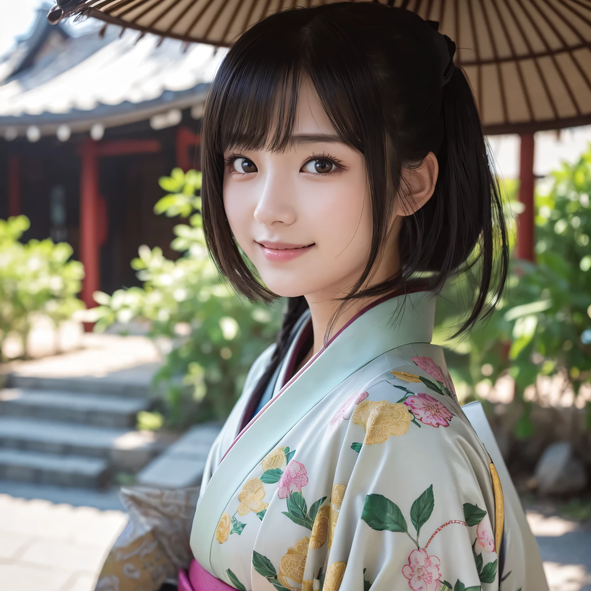 ((kimono))、(19-year-old girl)、Random pose、(8k、Raw photo、highest quality、masterpiece:1.2)、(Realistic、Photorealistic:1.37)、Ultra-detailed、超A high resolution、、、 Use natural light and color,1 girl,Japanese,cute,Black-haired,Mid-length hair,,,(Depth of written boundary、chromatic aberration、、Wide range of lighting、Natural Shading、)、、、、、Beautifully detailed face、smile、Beautifully detailed skin、Skin Texture、