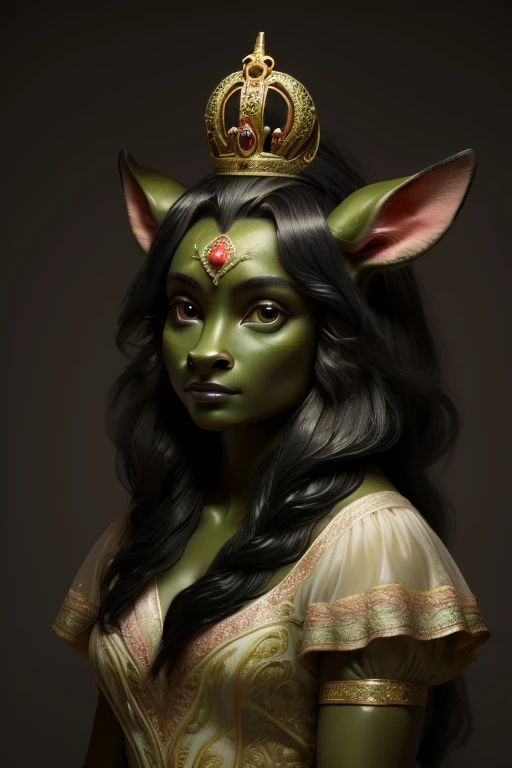 masterpiece,best quality,highest resolution,intricately detailed,deerlike,rich green skin,skin-green,(((glossy black-mane no part))),smallest deer-ears,cute doe-eyes,deer-nose,female woman,cute human face,feminine,princess,delicate tiara,white dress,portrait,hands as hooves,masterpiece,best,quality,highest resolution,portrait,digital painting,