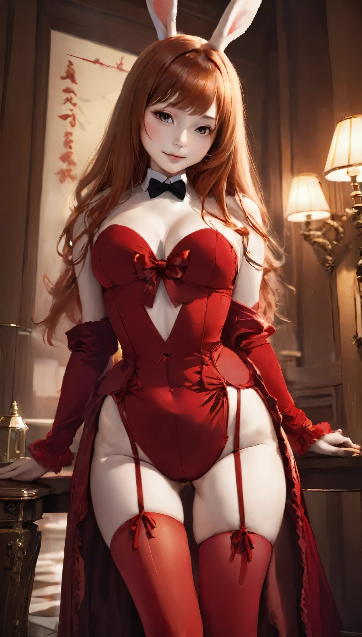 Bunny girl、Perfect Anatomy、One Woman、Red costume、Red Stockings、Red bow tie、白い襟にRed bow tie、Attractive ass、String Bat、、Dim lighting、Natural look、magic room、eroticism、highest quality、highest quality、Masseter region:1.3、High quality details、8k