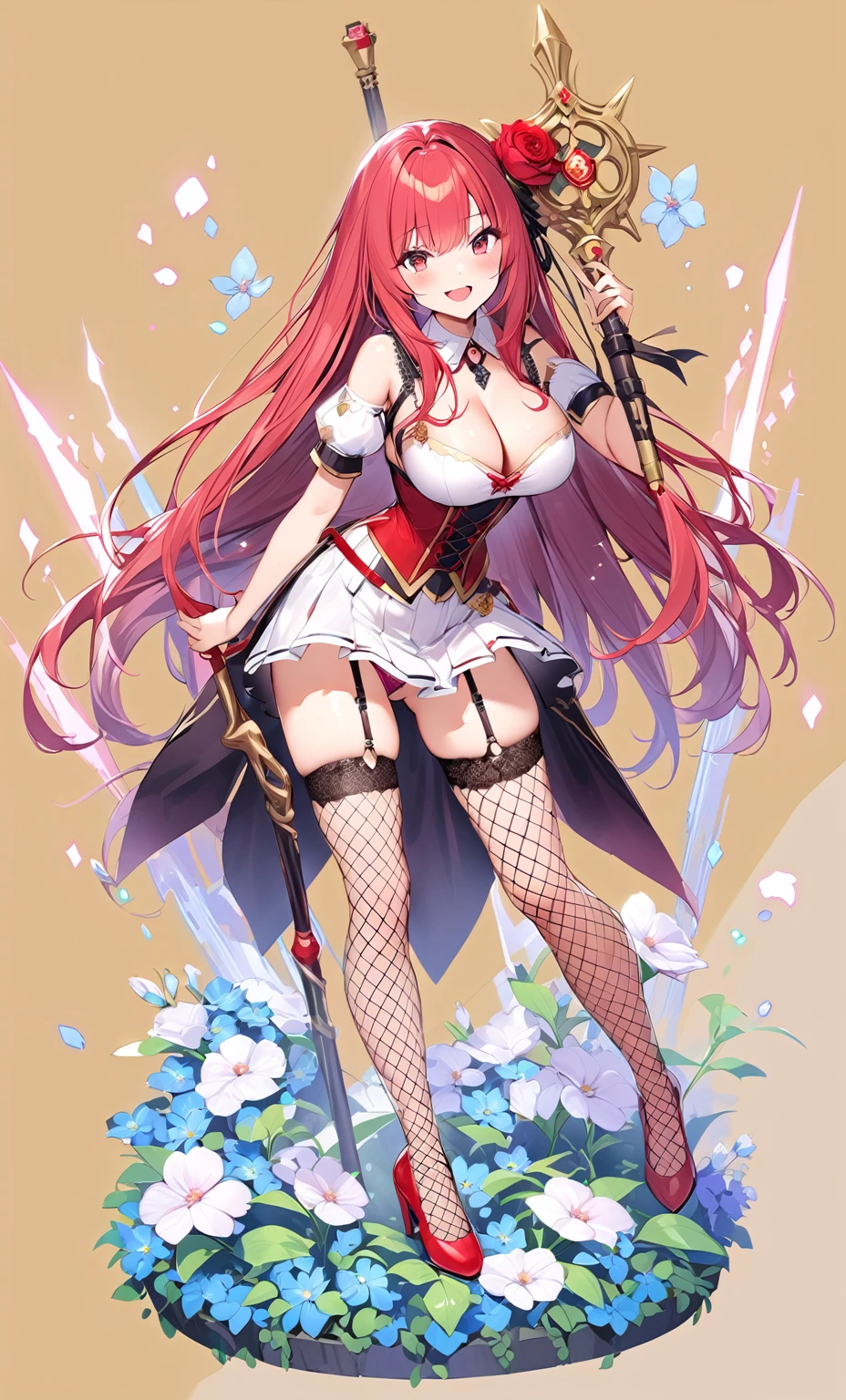 (masutepiece, Best Quality), 1girl, solo, breasts, thighhighs, long-hair, large-breasts, cleavage, red-hair, garter-straps, fishnet-thighhighs, fishnets, flower, full-body, object-namesake, skirt, smile, standing, red-footwear, panties, looking-at-viewer, underwear, frills, staff, detached-sleeves, red-eyes, blush, hair-ornament, holding, high-heels, white-skirt, shoes, corset, hair-flower, open-mouth, holding-staff, weapon, detached-collar, pantyshot, short-sleeves, ribbon, puffy-sleeves, pink-panties, holding-weapon