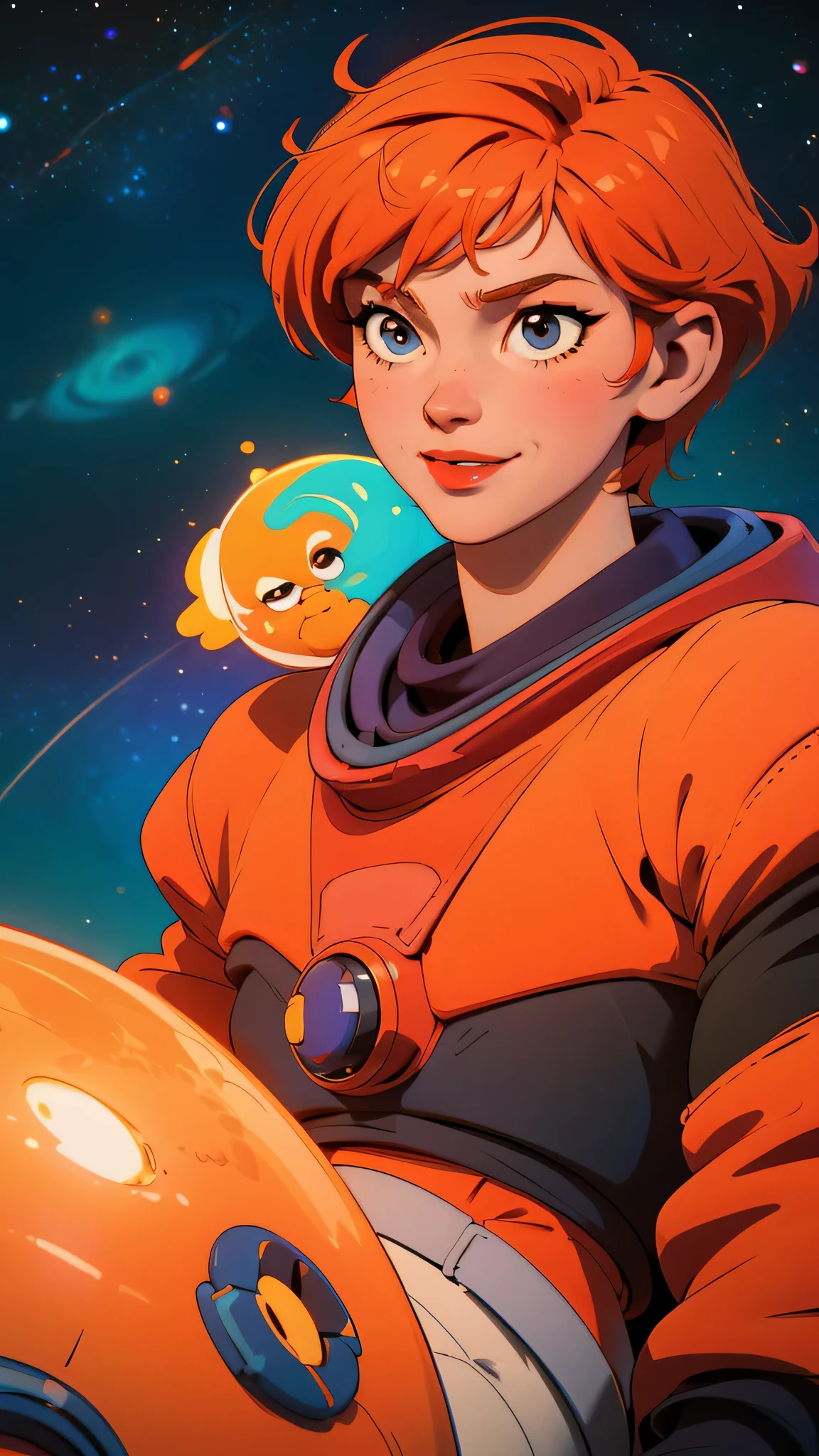 Cartoon-style image of a astronaut, orange hair, in a colorful space setting full of stars, planets and nebulae in the background. The should be smiling and fun with vibrant colors. The setting should convey a sense of adventure and discovery