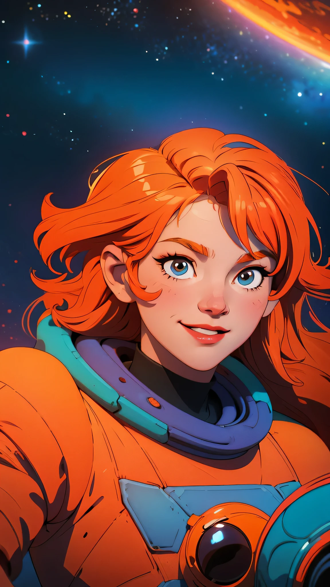 Cartoon-style image of a astronaut, orange hair, in a colorful space setting full of stars, planets and nebulae in the background. The should be smiling and fun with vibrant colors. The setting should convey a sense of adventure and discovery