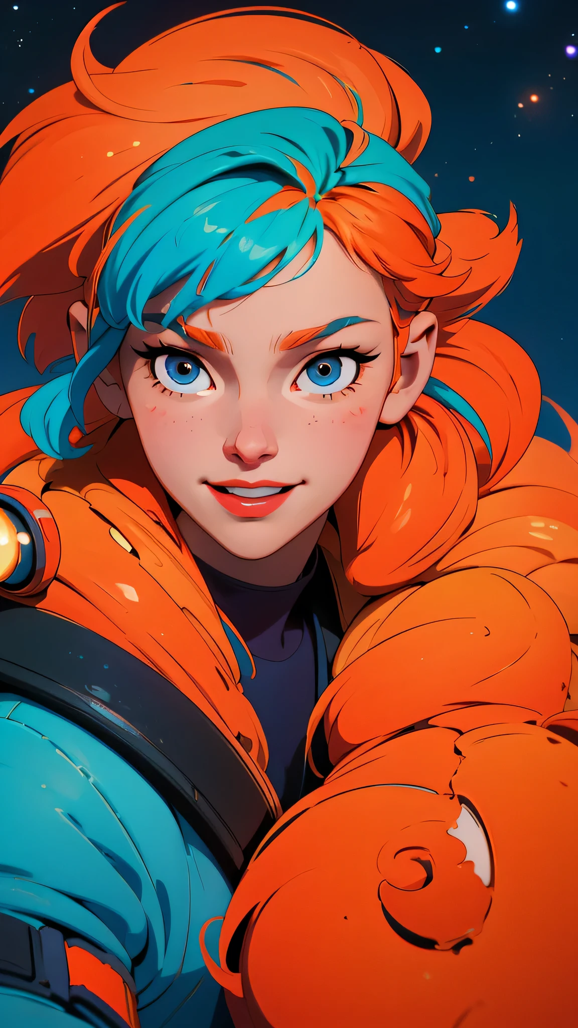Cartoon-style image of a astronaut, orange hair, in a colorful space setting full of stars, planets and nebulae in the background. The should be smiling and fun with vibrant colors. The setting should convey a sense of adventure and discovery
