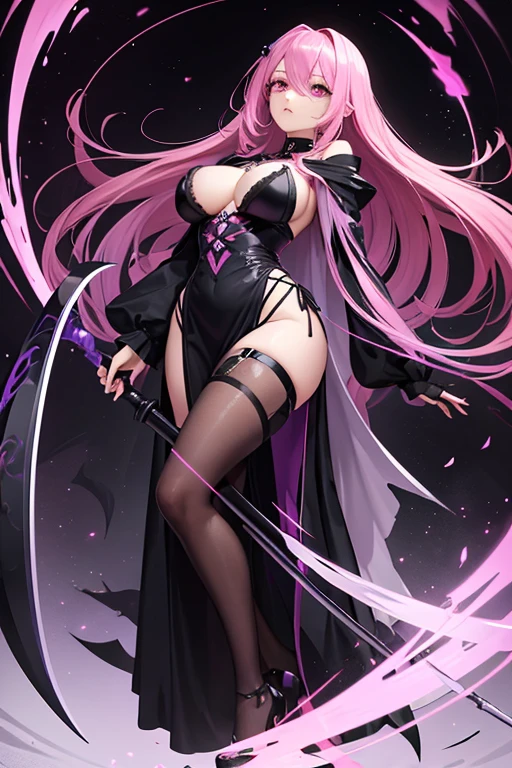 A pink haired reaper with violet eyes and an hourglass figure in a black flowing gown is spinning her scythe in the creepy orest