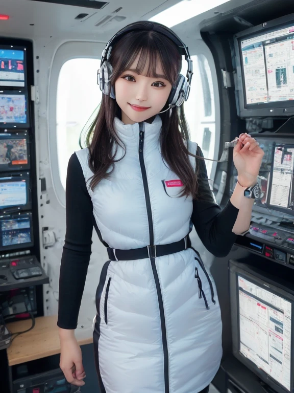 masterpiece, highest quality, Very detailed, 8K Portrait,Japanese Android Girl,plump , Control panel,Robotic arms and legs, Blunt bangs,,break (Metallic Gray, Metallic luster, Mirror finish, Astro Best):5,headphone:5,break (Black sleeves):100,Smart Watches,Futuristic space station,Control Room,break headphone,blue eyes,(Black Hair):2,(Long Hair):1.3,View the viewer,(respirator),break blush:3,Hidden Hand,smile