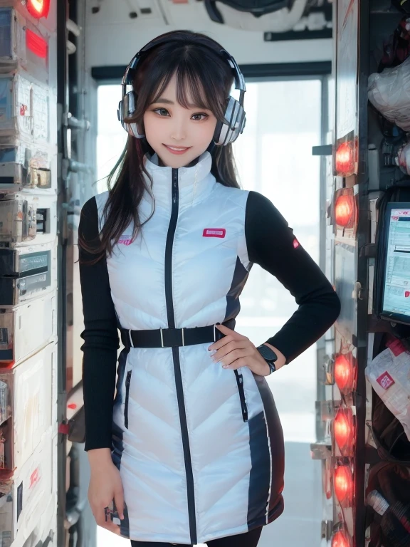 masterpiece, highest quality, Very detailed, 8K Portrait,Japanese Android Girl,plump , Control panel,Robotic arms and legs, Blunt bangs,,break (Metallic Gray, Metallic luster, Mirror finish, Astro Best):5,headphone:5,break (Black sleeves):100,Smart Watches,Futuristic space station,Control Room,break headphone,blue eyes,(Black Hair):2,(Long Hair):1.3,View the viewer,(respirator),break blush:3,Hidden Hand,smile