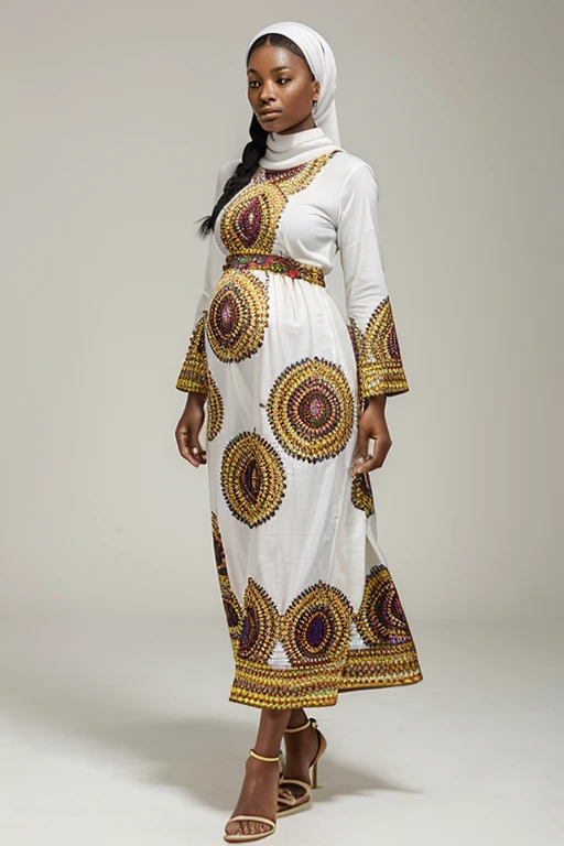 photorealistic young pregnant african women in traditional, colorful, regional, body-covering, one-piece, muslim, senegalese dress walking in the right direction, visible from profile, full character from foot to head, white background, no background