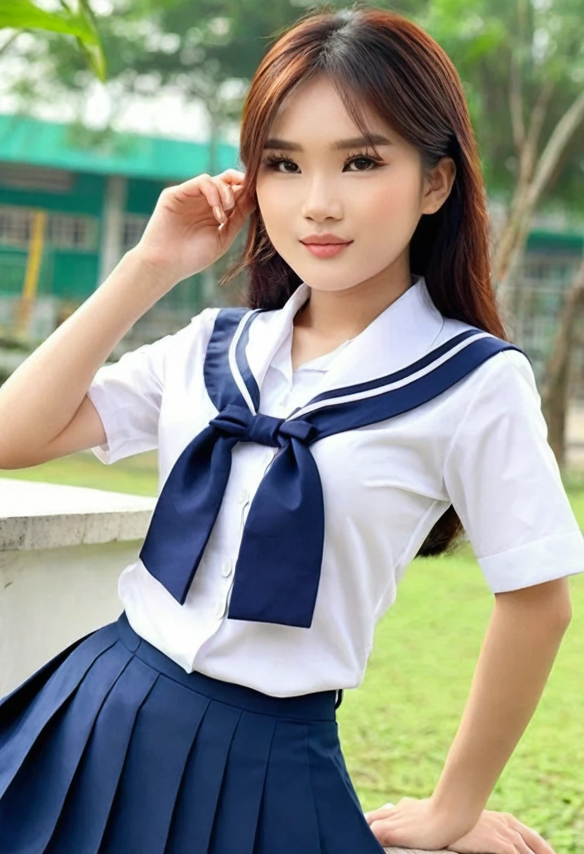 (((high quality:1.2))), Work of art, (8k), extremely detailed, ((High detail:1.2)) ((best resolution)), (Hotlexi woman), Solo, 24 year old Vietnamese female, ((school uniform)),