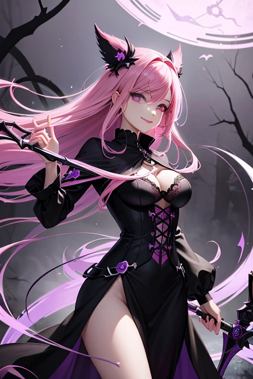 A pink haired reaper with violet eyes and an hourglass figure in a black flowing gown is smiling while spinning her scythe in the creepy forest
