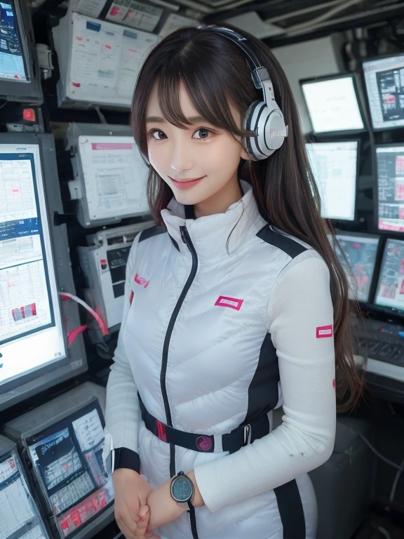 masterpiece, highest quality, Very detailed, 8K Portrait,Japanese Android Girl,plump , Control panel,Robotic arms and legs, Blunt bangs,,break (Metallic Gray, Metallic luster, Mirror finish, Astro Best):5,headphone:5,break (Black sleeves):100,Smart Watches,Futuristic space station,Control Room,break headphone,blue eyes,(Black Hair):2,(Long Hair):1.3,View the viewer,(respirator),break blush:3,Hidden Hand,smile