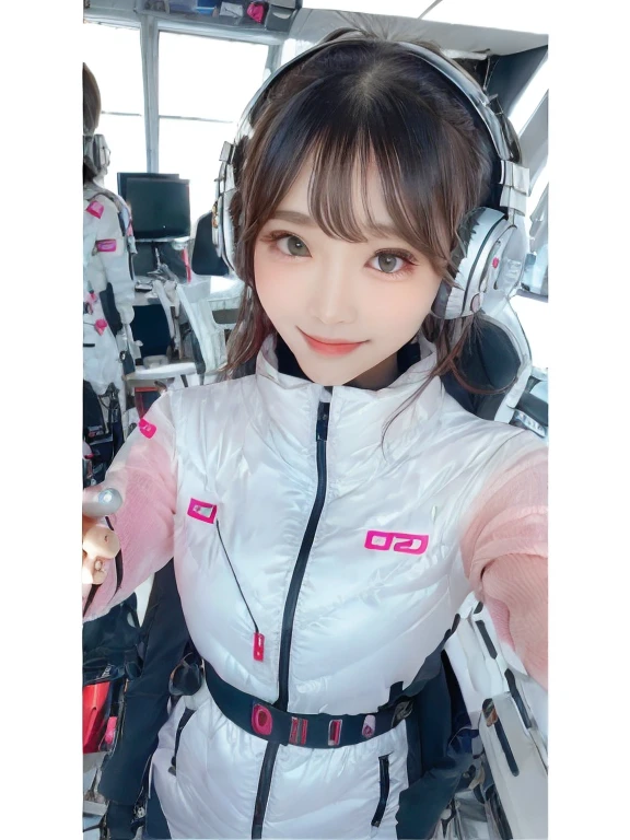 masterpiece, highest quality, Very detailed, 8K Portrait,Japanese Android Girl,plump , Control panel,Robotic arms and legs, Blunt bangs,,break (Metallic Gray, Metallic luster, Mirror finish, Astro Best):5,headphone:5,break (Black sleeves):100,Smart Watches,Futuristic space station,Control Room,break headphone,blue eyes,(Black Hair):2,(Long Hair):1.3,View the viewer,(respirator),break blush:3,Hidden Hand,smile