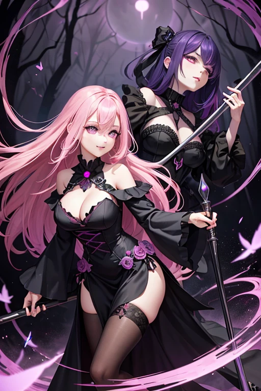 A pink haired reaper with violet eyes and an hourglass figure in a black flowing gown is smiling while spinning her scythe in the creepy forest