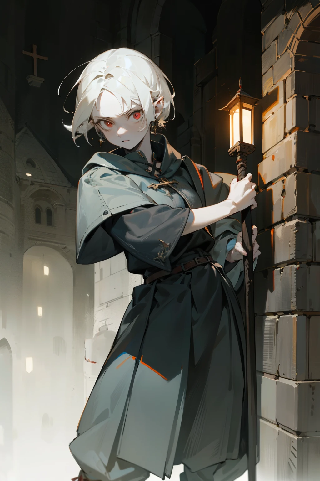 (masterpiece, Best quality) detailed,white-haired girl，short haircut, side bangs, gray skin, Red eyes, cross earring, occultist outfit, dagger in hand, full height, dynamic pose, A Close Look, night, The light from the lantern, against the backdrop of a medieval street and dark gates