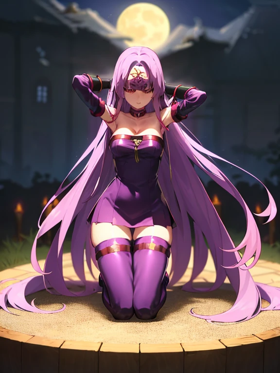 Best Quality, (masutepiece:1.2), Highly detailed,
Fate/Stay in the background, fullmoon、
Medusa_nffsw,
1girl in, Solo, purple mask,, absurdly long hair, Purple hair, Floating hair,Dress, Short dress, thighs thighs thighs thighs, Strapless,  Detached sleeves, , Choker, cleavage、((thigh high boots))、(thigh-high socks))、((Hands behind the head))、((opening legs))、((Chained))、((Kneeling))、((gargantilha))、(whole body Dripping wet)