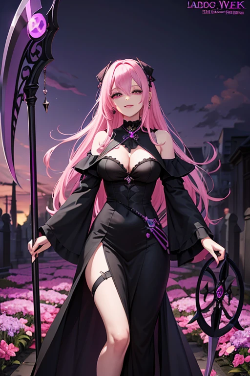 A pink haired reaper with violet eyes and an hourglass figure in a black flowing gown is smiling while leaning on her scythe into the cemetery