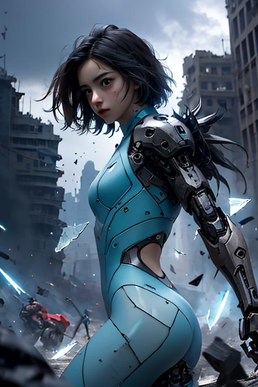 Epic CG masterpiece, hdr,dtm, full ha,8K, ultra detailed graphic tension, dynamic poses, stunning colors, 3D rendering, surrealism, cinematic lighting effects, realism, 00 renderer, super realistic, full - body photos, super vista, super wide Angle, HD
In a futuristic abandoned city, a girl with a huge mechanical arm is engaged in a fierce struggle with the enemy, Her name is Alita, a fighting angel from the future world, Her eyes are firm and resolute, showing the desire for victory, high-definition picture, real effect, hyper-realistic portraits, xiaofei yue, uniformly staged images, flat yet expressive, goth
(shard of glass:1.4)A shot with tension(sky glows cyan,Visual impact,giving the poster a dynamic and visually striking appearance:1.2),
