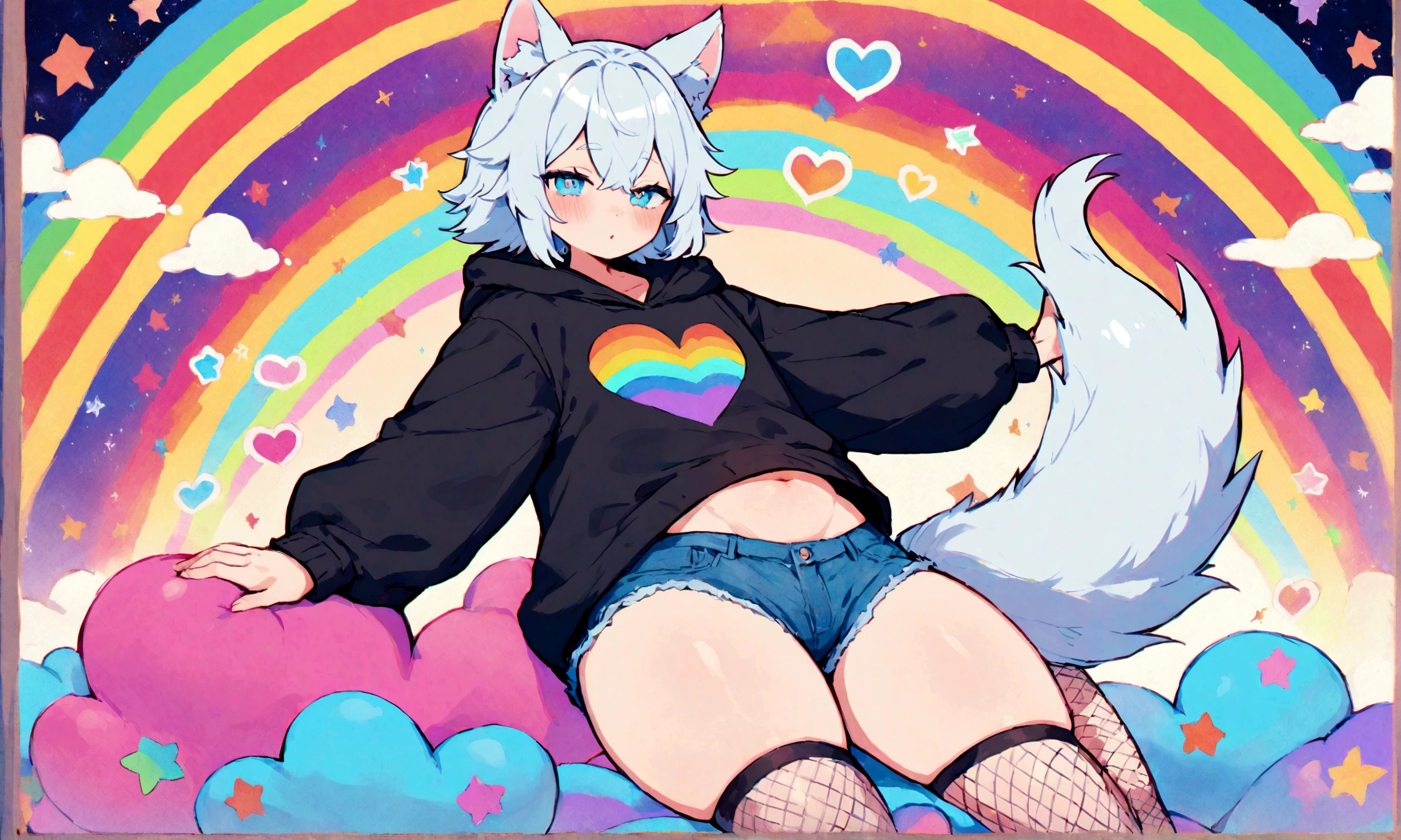 a cute adult male with wolf ears,long white hair with long locks, has a wolf tail, wearing a loose cropped oversized black hoodie, wearing a pair of denim short shorts and thigh high fishnet stockings, thick thighs, wide hips, relaxing on mound of fluffy multi colored kawaii plushies, short, very slim, showing slender tummy, stretching out, heart on hoodie, squishy thighs, has glowing blue eyes. alone, solo (ALONE)(SOLO), surrounded by rainbows, colorful galaxy backround, nice butt