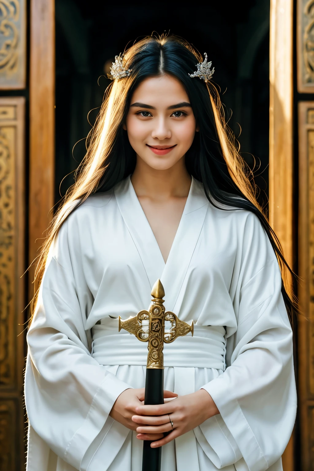 ((best quality)), ((masterpiece)), (detailed), 1 Girl, 1 Boy,Girl with long silver hair,Girl with blue eyes,Girls white robe,Boy with long black hair,Boys white robe, The boy smiled happily,The girl stands behind the boy,The girl has a dagger in her hand,Girl stabbed boy with dagger,xian xia style,Aesthetic,thrilling,There is a colorful sun in the sky