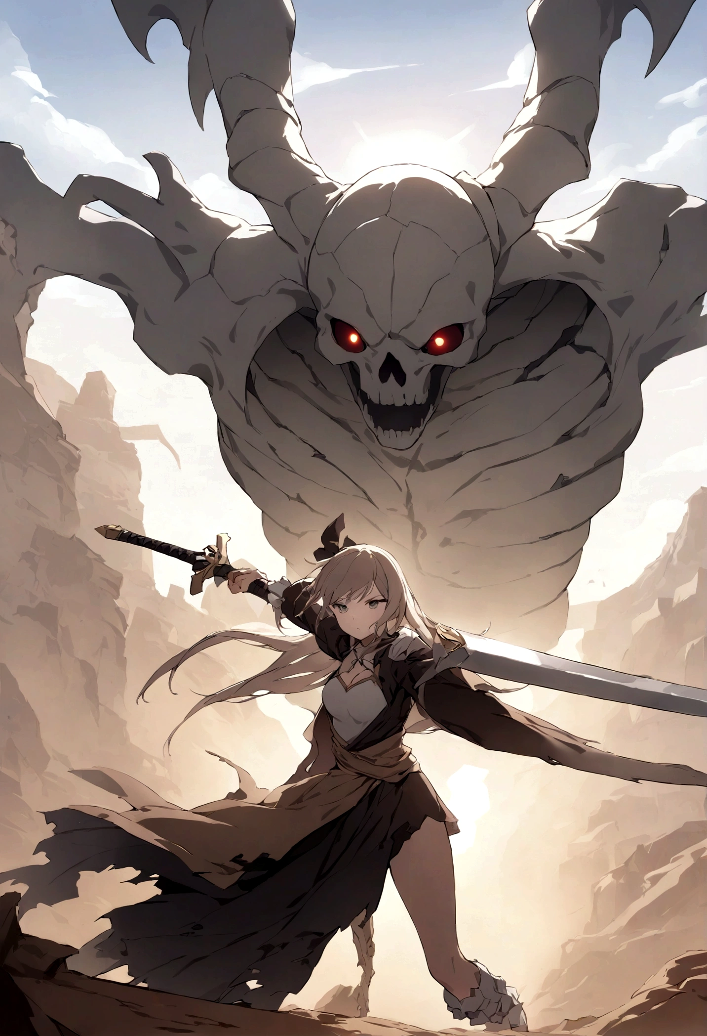 In the desert ruins、A girl is fighting a skeleton monster。The monster raised his sword、She is in a defensive posture。