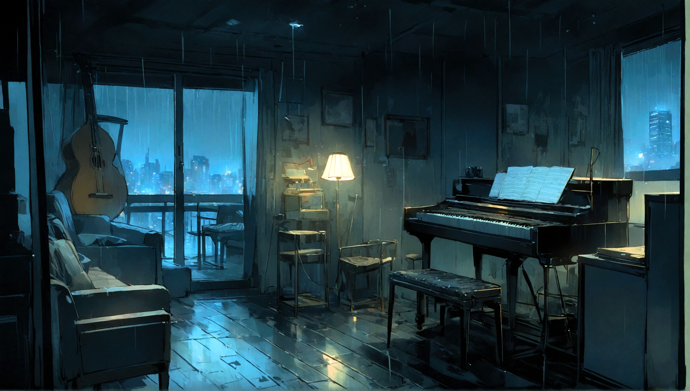 There is a music studio room with a desk, night, , keyboard, earphone, piano, Guitar,Small lights, background, sofa,, rain, Night Sky, Night City, Unmanned shutters, Concept Art, 室内background艺术, , rock style interior, high resolution, Super sharp, 8K, masterpiece