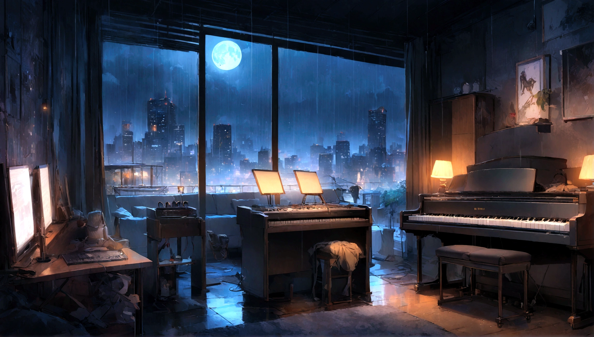 There is a music studio room with a desk, night, , keyboard, earphone, piano, Guitar,Small lights, background, sofa,, rain, Night Sky, Night City, Unmanned shutters, Concept Art, 室内background艺术, , rock style interior, high resolution, Super sharp, 8K, masterpiece