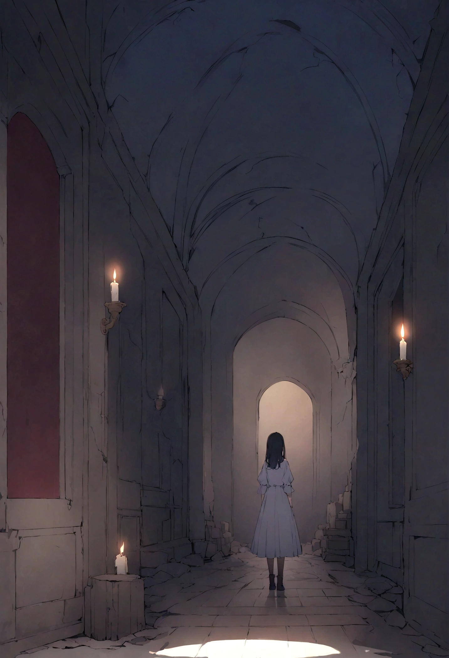 Inside the ruined castle、A girl in a large hall lit only by candles。She has long black hair、Standing alone in a dimly lit room。