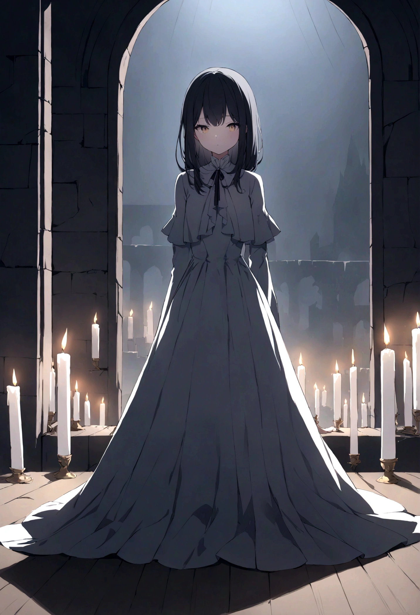 Inside the ruined castle、A girl in a large hall lit only by candles。She has long black hair、Standing alone in a dimly lit room。