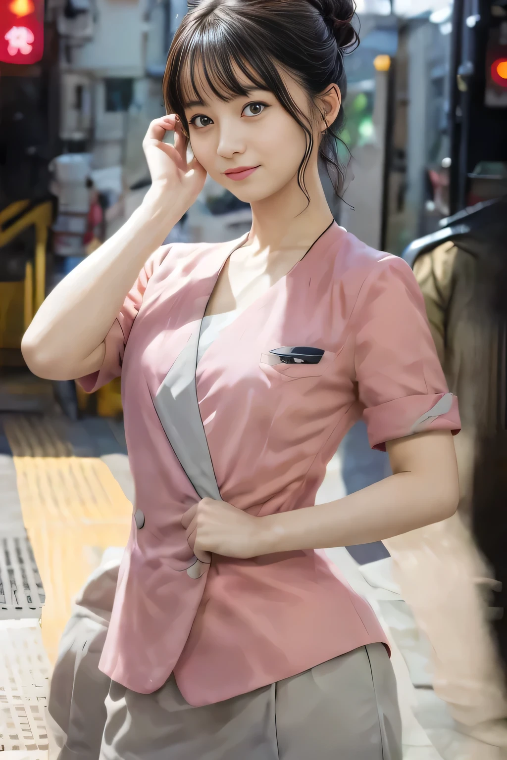 (masterpiece:1.2, highest quality:1.2), 32K HDR, High resolution, (alone、1 girl)、(On the rooftop of a building in the daytime、Professional Lighting)、Building rooftop background、(Nankai train crew uniform pinkを着たリアルスタイル)、(Nankai train crew uniform pink short sleeve pink jacket、Nankai Train Crew Uniform Pink Collarless Short Sleeve Blouse、Nankai Train crew uniform pinkのグレー色のキュロットスカート)、Dark brown hair、(Hair tied up、Hair Bun、Hair Bun)、Dark brown hair、Long Shot、Big Breasts、Thin legs、((Great hands:2.0)),((Harmonious body proportions:1.5)),((Normal limbs:2.0)),((Normal finger:2.0)),((Delicate eyes:2.0)),((Normal eyes:2.0)))、smile、(Nankai Train crew uniform pinkのグレー色のキュロットスカートを見せた美しい歩く姿)、Keep your hands natural