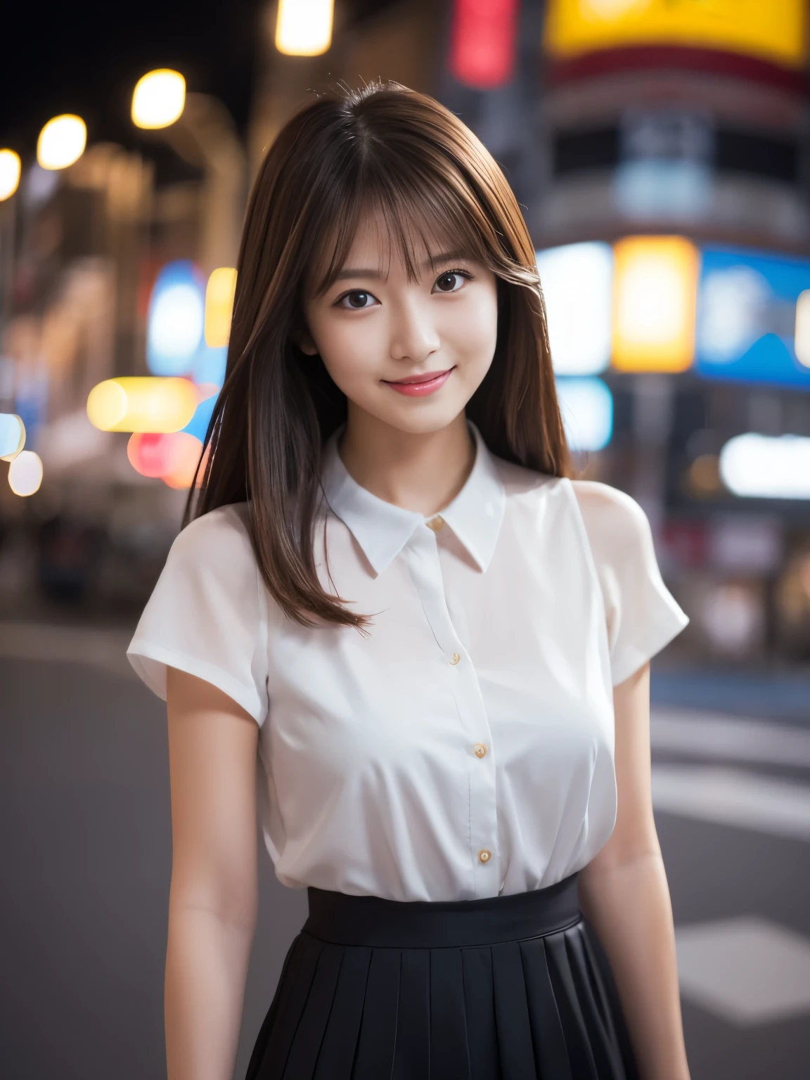 Thin legs, , New York night view、Blur the background, Sidewalk, RAW Photos, 8k, Highest quality, Ultra-high resolution, Beautiful facial details, Real human skin, Gentle expression, Front view, Angle from below, Long Hair, Realistic, Realistic, cute, The lower part of the body is panties, cute女子大学生, office lady, smile、Japanese、Japanese美女、Professional fashion model, whole body,Perfect Face、Perfect body line、Short Hairstyles,Upper body photo、