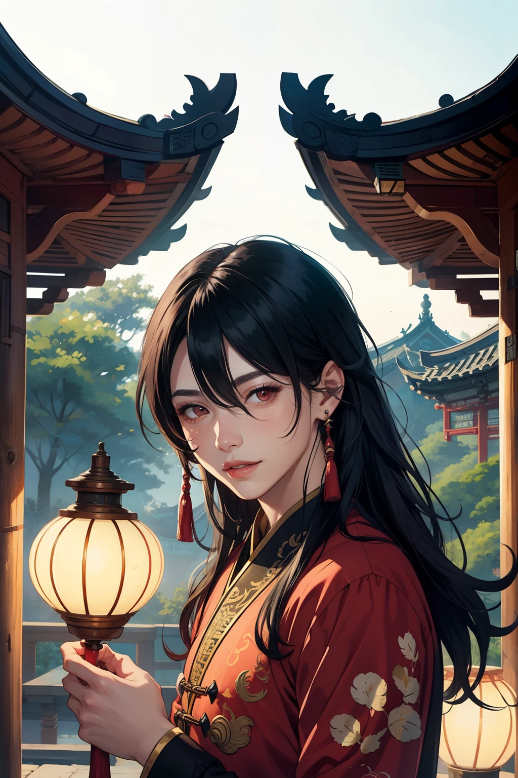 ffxianxiaff, focus man, 1 boy, Chinese clothes, earring, decorations, long hair, black hair, look at viewer, smile, long sleeve, lamp, tassel earring, upper body, lamp, red eyes, wavy, outdoor, Focus only, Long hair, hair between the eyes, Blurry, east asian architecture, tassel, architecture, hair on one eye, Chapped lips