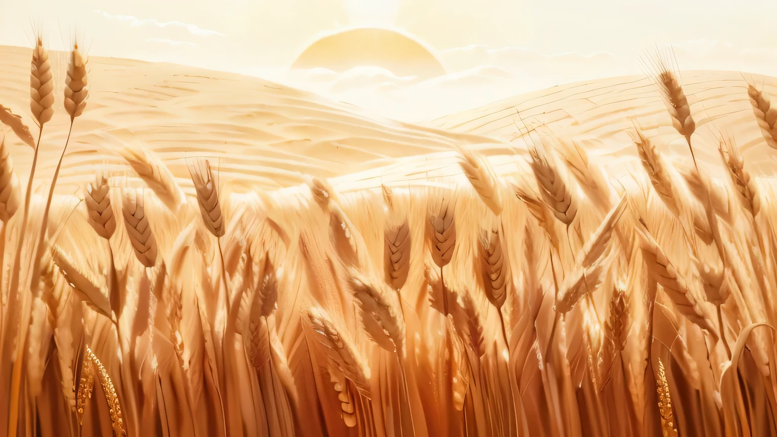 there is a picture of a field of wheat with a sun in the background, wheat fields, wheat field, immense wheat fields, on the vast wheat fields, high grain, empty wheat field, harvest, vast wheat fields, in a wheat field, by rainer hosch, ( ( ( grant wood ) ) ), blossom wheat fields, inspired by Grant Wood, slight grain