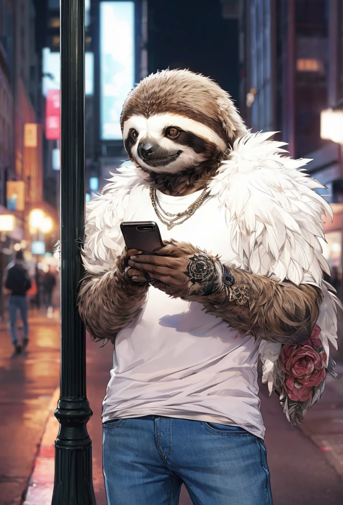 A striking, photorealistic illustration of an anime-style humanoid Sloth animal, with white feathers and a full sleeve tattoo on one arm. It dons a trendy t-shirt and jeans, exuding an urban, stylish vibe. The owl is leaning casually against a lamp post in a bustling city, peering intently at its smartphone. The background is filled with cityscape elements, such as modern buildings, streetlights, and passersby, creating a dynamic and lively atmosphere., anime, illustration, more detail, enhnaced.