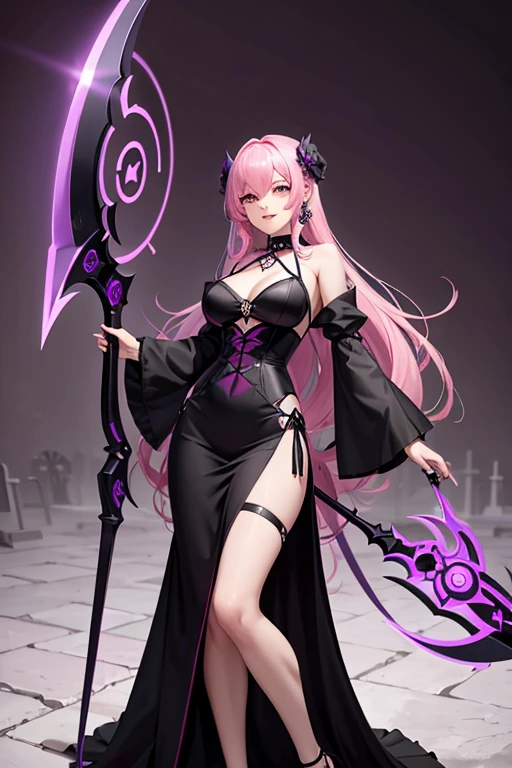A pink haired reaper with violet eyes and an hourglass figure in a black flowing gown is smiling while leaning on her scythe into the cemetery