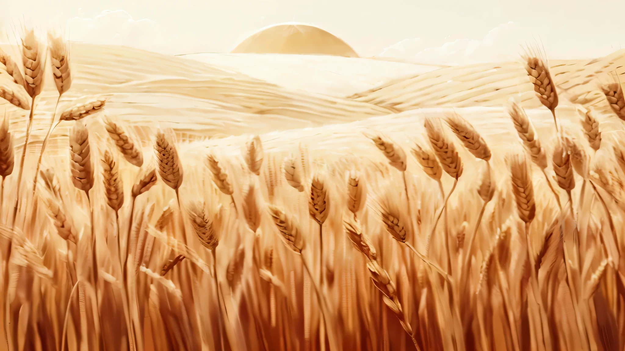 there is a picture of a field of wheat with a sun in the background, wheat fields, wheat field, immense wheat fields, on the vast wheat fields, high grain, empty wheat field, harvest, vast wheat fields, in a wheat field, by rainer hosch, ( ( ( grant wood ) ) ), blossom wheat fields, inspired by Grant Wood, slight grain