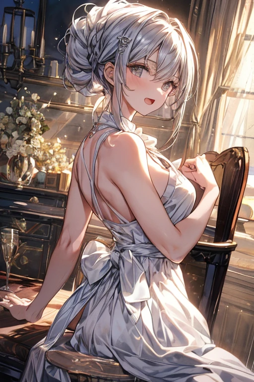 (from above:1.2),(from side:0.9),(A masterpiece of image quality in 8K),(Beautiful Allafed Woman),(((emphasizing breasts:1.1))),(Dynamic angles),(Dynamic and sexy bending pose:1.3),(sit a chair:1.1),(Short hair in shiny silver and orange inner colors,small full breasts,Disturbance of clothing due to movement,breast slip,(Ponytail twisted buns adorned with elaborate braids and beads,Braided Setup Fishbone Hair,),(see-through bangs),(perky chest:1.1), (pointed chest:1.3), small breasts、(((A white lace apron that shows your bare skin from under your small breasts)))、Blush with embarrassment、Enraptured eyes、A smile that beguiles the viewer、(Look back:1.7)、Look into the photographer,skin glistening with sweat,gazing at viewer,,(Professional Lighting),(8K,masutepiece,top-quality,Ultra-high resolution output image,),(Ultra HD with complex detail image modes),depth of fields,Beautiful hands,Beautiful fingers,Detailed finger features,(Detailed hair features:1.7),detailed facial features,detailed clothes features, (perky chest:1.1), (pointed chest:1.3), seductive weak smiling,(with sparkling eyes and a contagious smile),little open mouth,