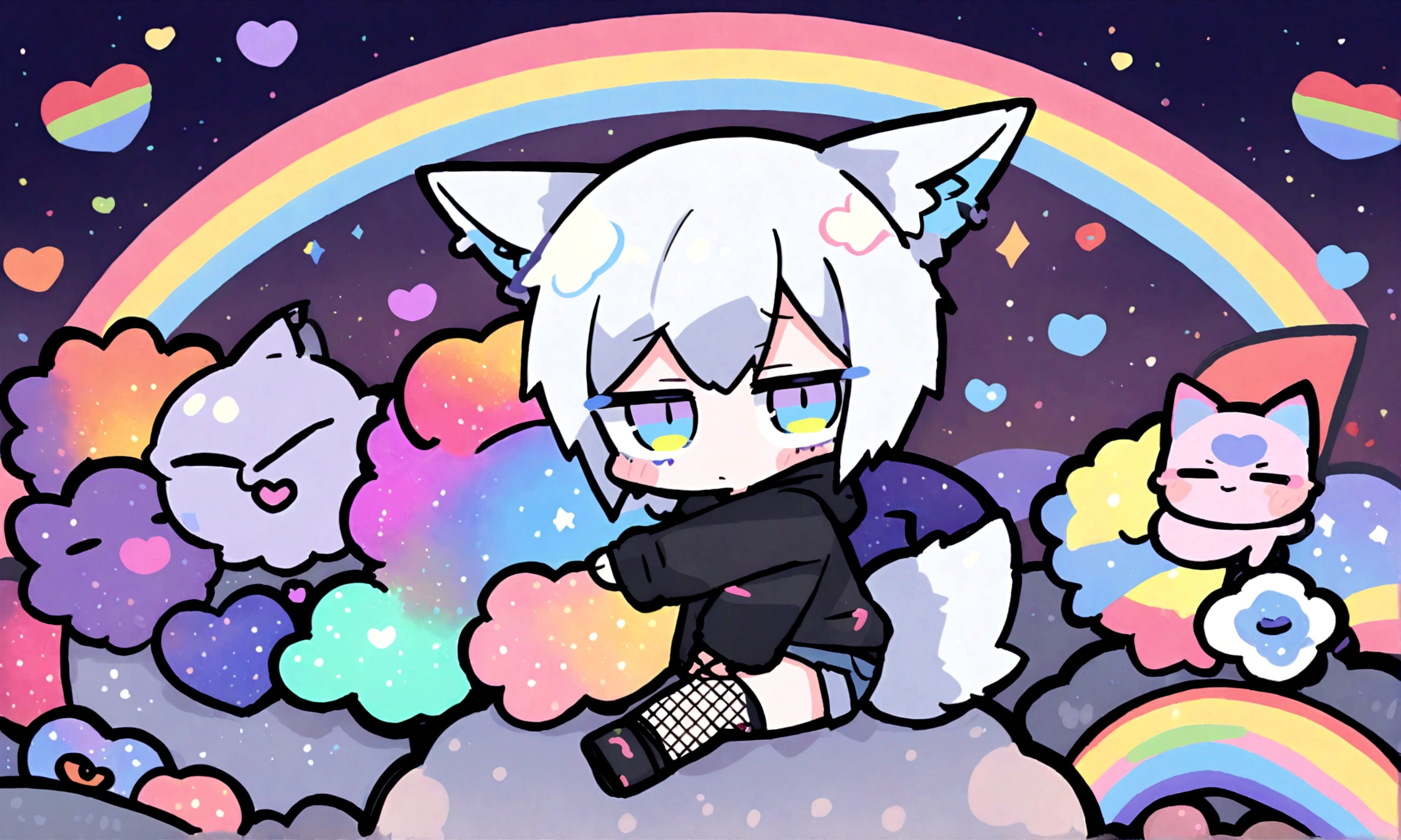a cute chibi style adult male with wolf ears, white hair, has a wolf tail, wearing a loose cropped oversized black hoodie, wearing a pair of denim short shorts and fishnet stockings, thick thighs, wide hips, relaxing on mound of fluffy multi colored kawaii plushies, short, very slim, showing slender tummy, stretching out, heart on hoodie, squishy thighs, has glowing blue eyes. alone, solo (ALONE)(SOLO), surrounded by rainbows, colorful galaxy backround