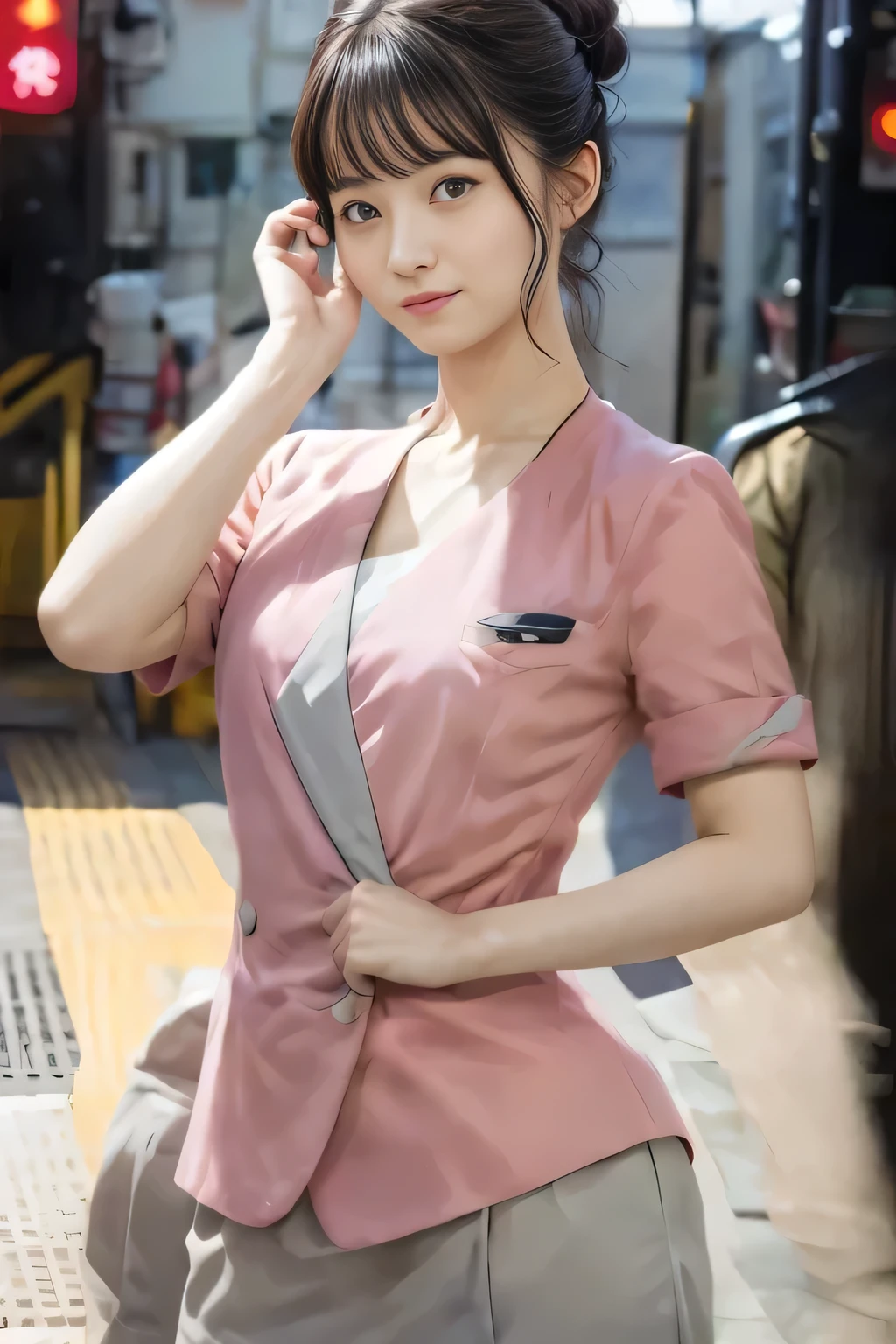(masterpiece:1.2, highest quality:1.2), 32K HDR, High resolution, (alone、1 girl)、(On the rooftop of a building in the daytime、Professional Lighting)、Building rooftop background、(Nankai train crew uniform pinkを着たリアルスタイル)、(Nankai train crew uniform pink short sleeve pink jacket、Nankai Train Crew Uniform Pink Collarless Short Sleeve Blouse、Nankai Train crew uniform pinkのグレー色のキュロットスカート)、Dark brown hair、(Hair tied up、Hair Bun、Hair Bun)、Dark brown hair、Long Shot、Big Breasts、Thin legs、((Great hands:2.0)),((Harmonious body proportions:1.5)),((Normal limbs:2.0)),((Normal finger:2.0)),((Delicate eyes:2.0)),((Normal eyes:2.0)))、smile、(Nankai Train crew uniform pinkのグレー色のキュロットスカートを見せた美しい歩く姿)、Keep your hands natural