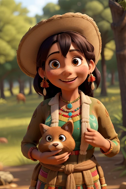 indigenous happy woman and her culture in the forest and place animals. cores vibrantes
