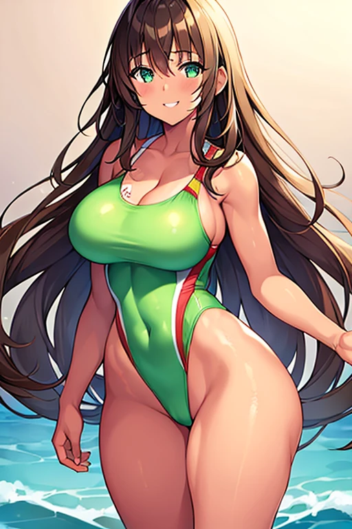 1girl, tan, tan-skinned female, tan skin, green eyes, brown hair, long hair, one-piece swimsuit, competition swimsuit, large breasts, highleg, thick thighs, wet, smile, cleavage