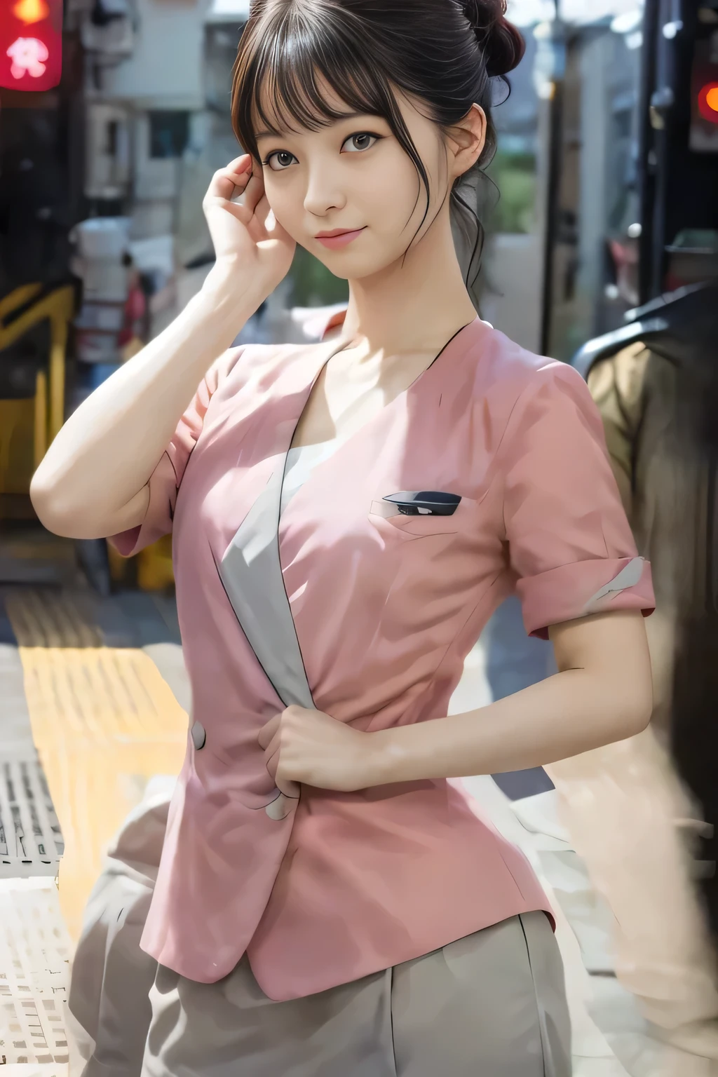 (masterpiece:1.2, highest quality:1.2), 32K HDR, High resolution, (alone、1 girl)、(On the rooftop of a building in the daytime、Professional Lighting)、Building rooftop background、(Nankai train crew uniform pinkを着たリアルスタイル)、(Nankai train crew uniform pink short sleeve pink jacket、Nankai Train Crew Uniform Pink Collarless Short Sleeve Blouse、Nankai Train crew uniform pinkのグレー色のキュロットスカート)、Dark brown hair、(Hair tied up、Hair Bun、Hair Bun)、Dark brown hair、Long Shot、Big Breasts、Thin legs、((Great hands:2.0)),((Harmonious body proportions:1.5)),((Normal limbs:2.0)),((Normal finger:2.0)),((Delicate eyes:2.0)),((Normal eyes:2.0)))、smile、(Nankai Train crew uniform pinkのグレー色のキュロットスカートを見せた美しい歩く姿)、Keep your hands natural