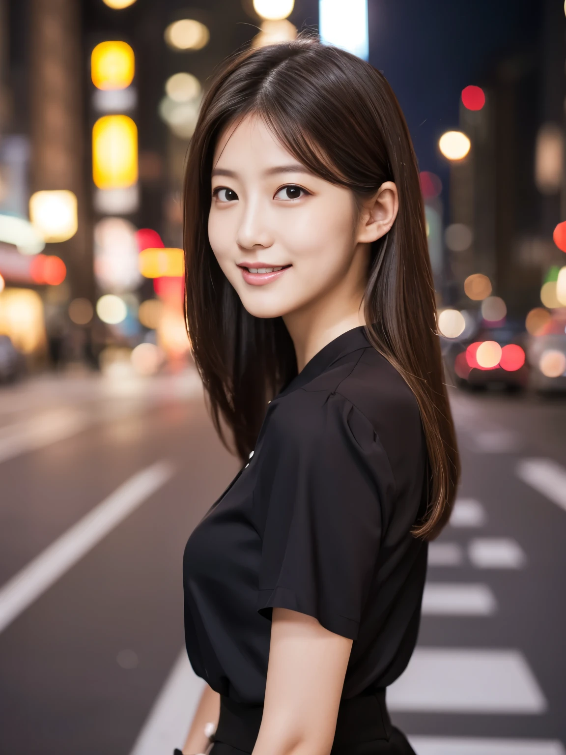 Office lady in the city、Well-balanced proportions、Medium build、Black Hair、25-year-old gravure idol、Shiny, oily skin、Shiny skin、Tokyo city、Wearing a short-sleeved blouse、Wearing a long skirt、The wind is strong and messes up her long hair、View from below、Sensual look、Sexy pose、Bag hanging from right shoulder、, light brown hair, straight hair, floating hair, seductive smile, Surrealism, cinematic lighting, tachi-e, first-person view, f/1.2, Nikon, UHD, best quality, highres
