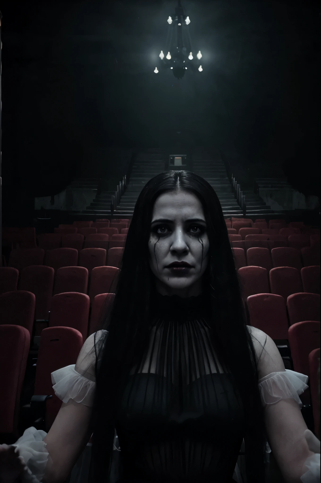 Generate an image of a ghost Araafed Woman in a black theater actress dress in front of a crowd, behind her there is a scary atmosphere, miss aniela, scary and dramatic atmosphere, ainda do filme, A Llorona, Rainha dos Fantasmas, atmosfera assustadora, kramskoy 4k, imagem fixa do filme, ainda do filme, cena de filme de terror, an ethereal image