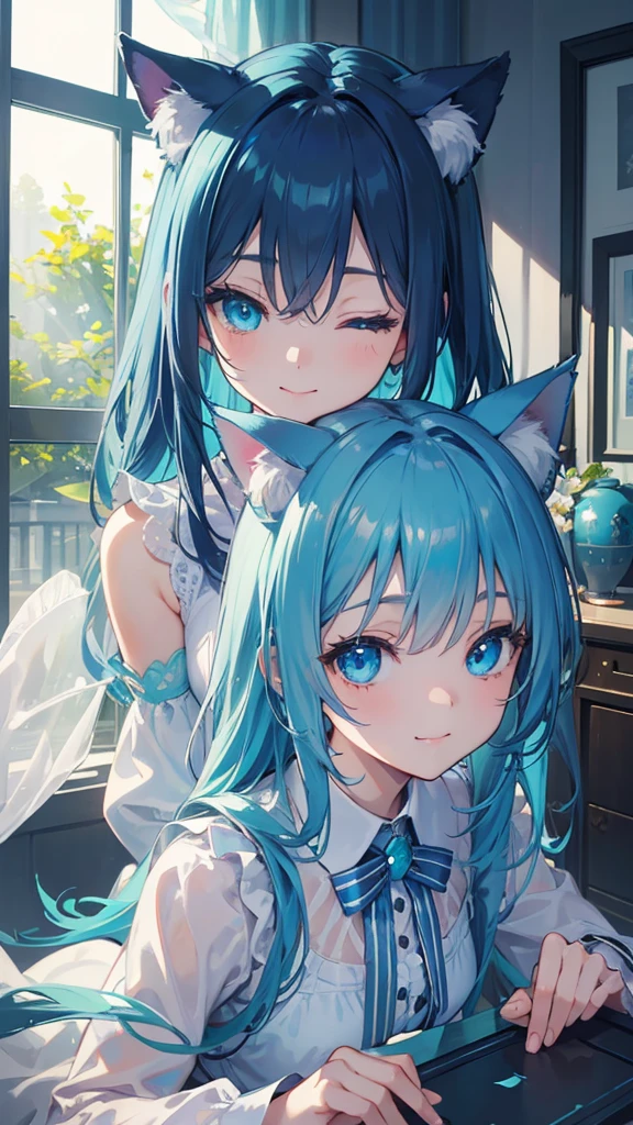 Depth of written boundary、Perfect lighting、Particles of light、(highest quality)、(masterpiece)、(Super detailed)、Sharp Focus、pack、:3、Aqua Eyes、Blue Eyes、Cat、smile、solo、tail、POV、Close-up、Upper Body、window、curtain、Bedroom、On all fours、One eye closed、Highest quality