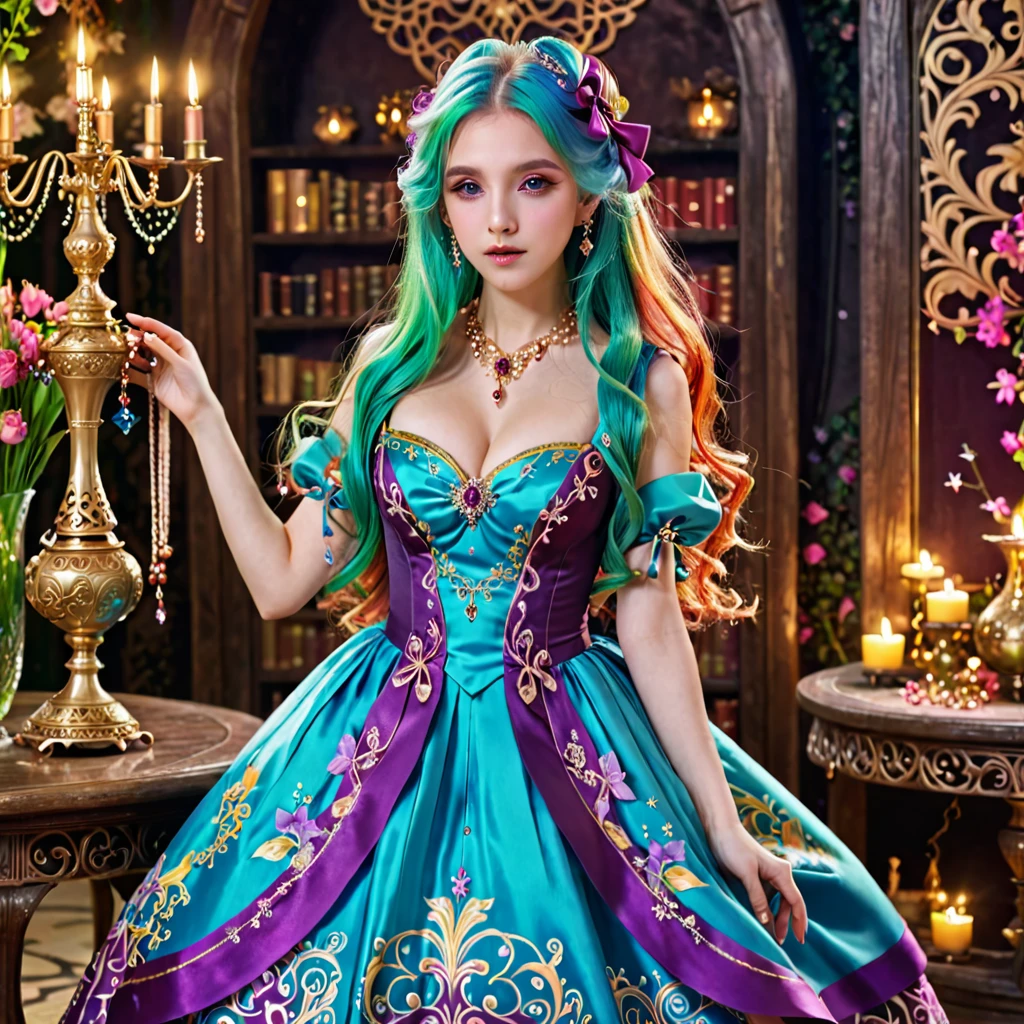 1girl, long hair, bright hair color, seductive eyes, mysterious expression, mature appearance, charming dress, flowing dress, elegant jewelry, intricate decoration, magic symbols, glowing accessories, potions, scrolls, cute accents, bows, ribbons, flowers,