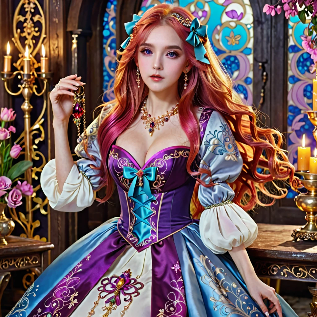 1girl, long hair, bright hair color, seductive eyes, mysterious expression, mature appearance, charming dress, flowing dress, elegant jewelry, intricate decoration, magic symbols, glowing accessories, potions, scrolls, cute accents, bows, ribbons, flowers,