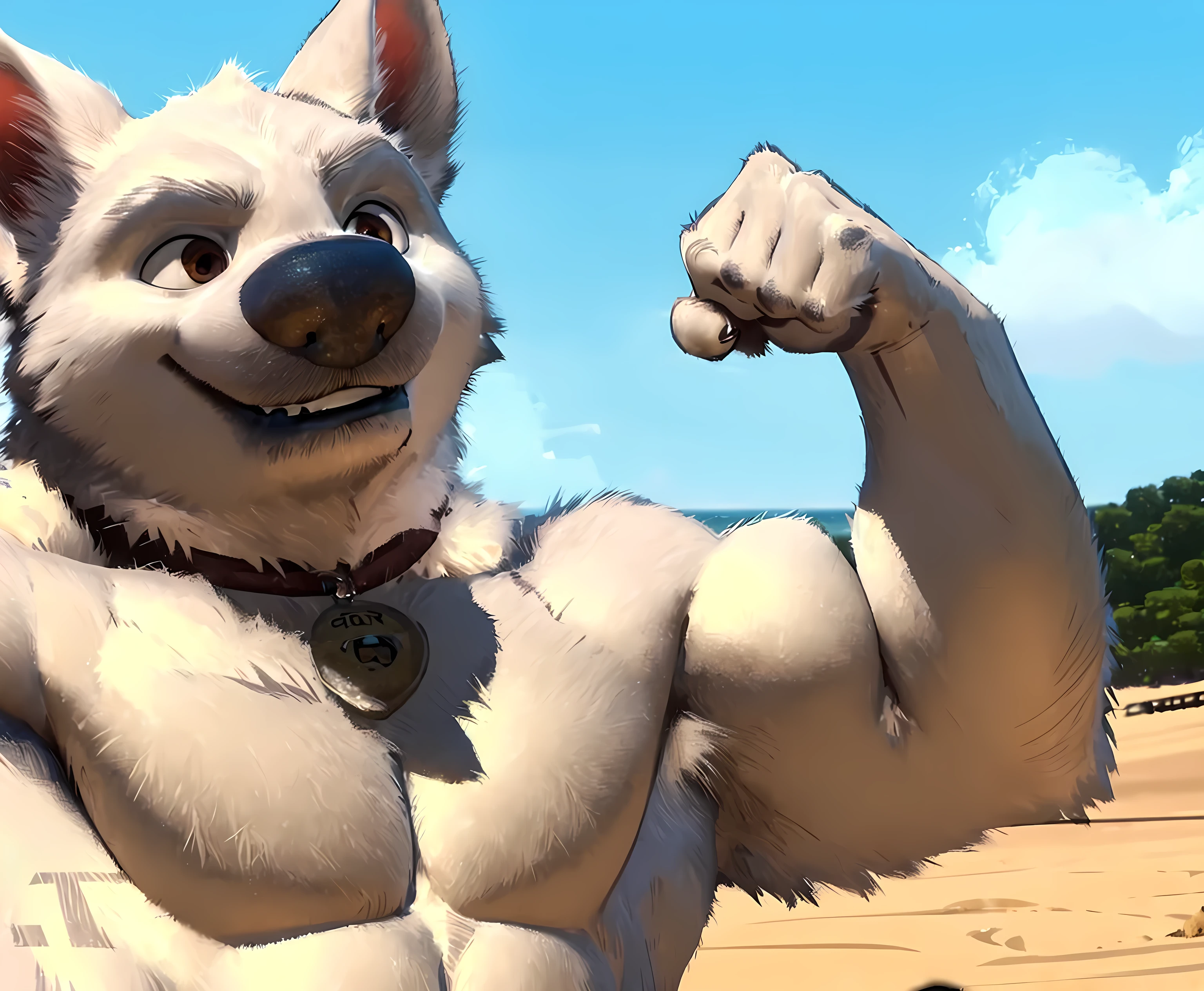 bolt the dog, 4k, high resolution, best quality, detailed, posted on e621, solo, anthro body, masculine, male, (very muscular:1.2), (detailed beach background), (blurry background, out-of-focus background):1.3, (correct anatomy):1, (detailed eyes:1.1), (strong shadows, dramatic shadows):1.0, confident, (by Taran Fiddler), strong, (half body, upper body, close-up:1.0), collar, flexing arm, flexing bicep, white fur, subtle smile