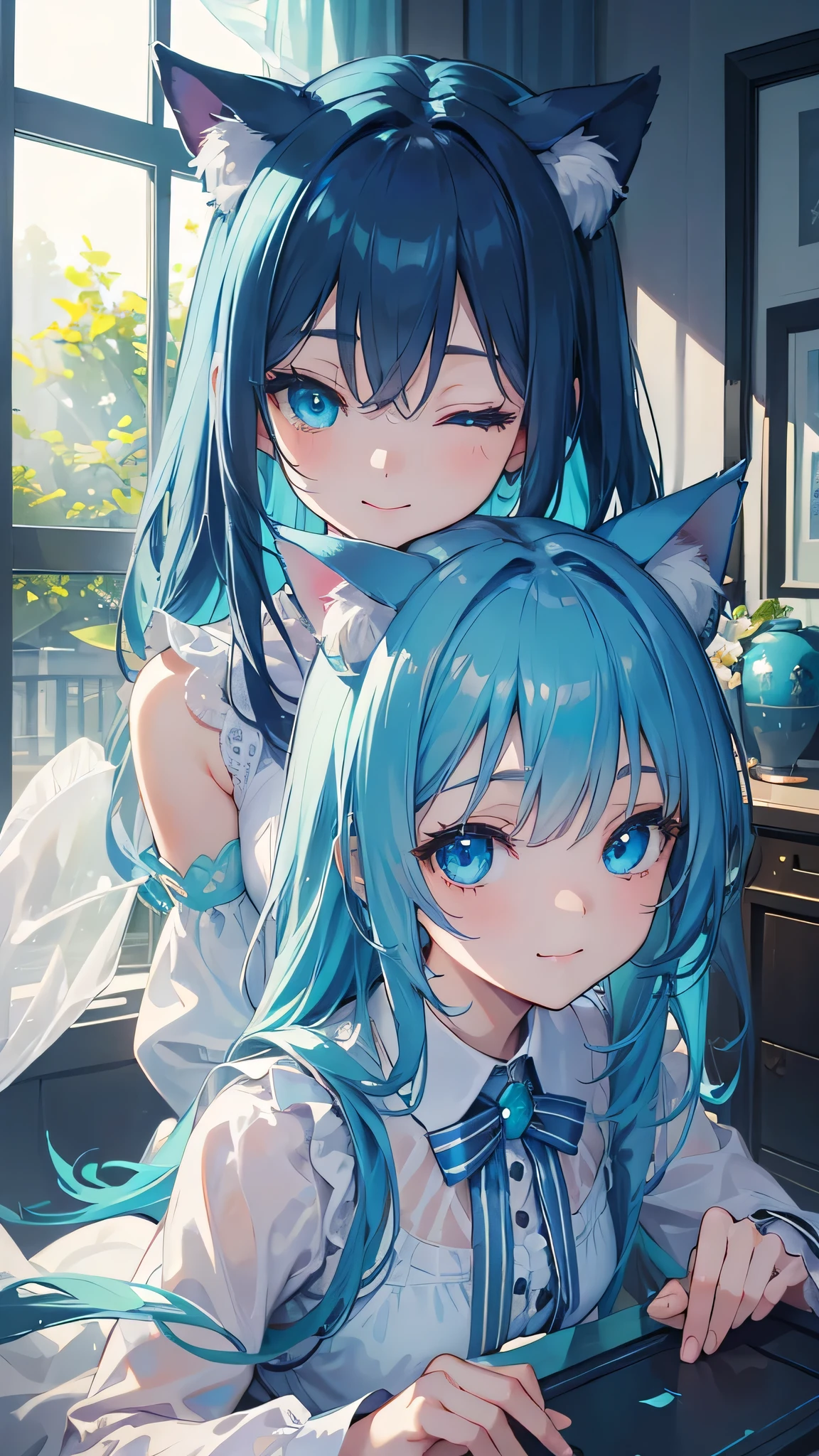 Depth of written boundary、Perfect lighting、Particles of light、(highest quality)、(masterpiece)、(Super detailed)、Sharp Focus、pack、:3、Aqua Eyes、Blue Eyes、Cat、smile、solo、tail、POV、Close-up、Upper Body、window、curtain、Bedroom、On all fours、One eye closed、Highest quality