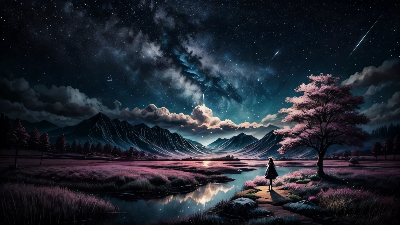 landscape,cloud,Starry Sky,Tree,The girl with a high ponytail in the shadows looks towards the sky with her back to the screen(Pure Black,Reflection at the edges),Realistic scene,reflection