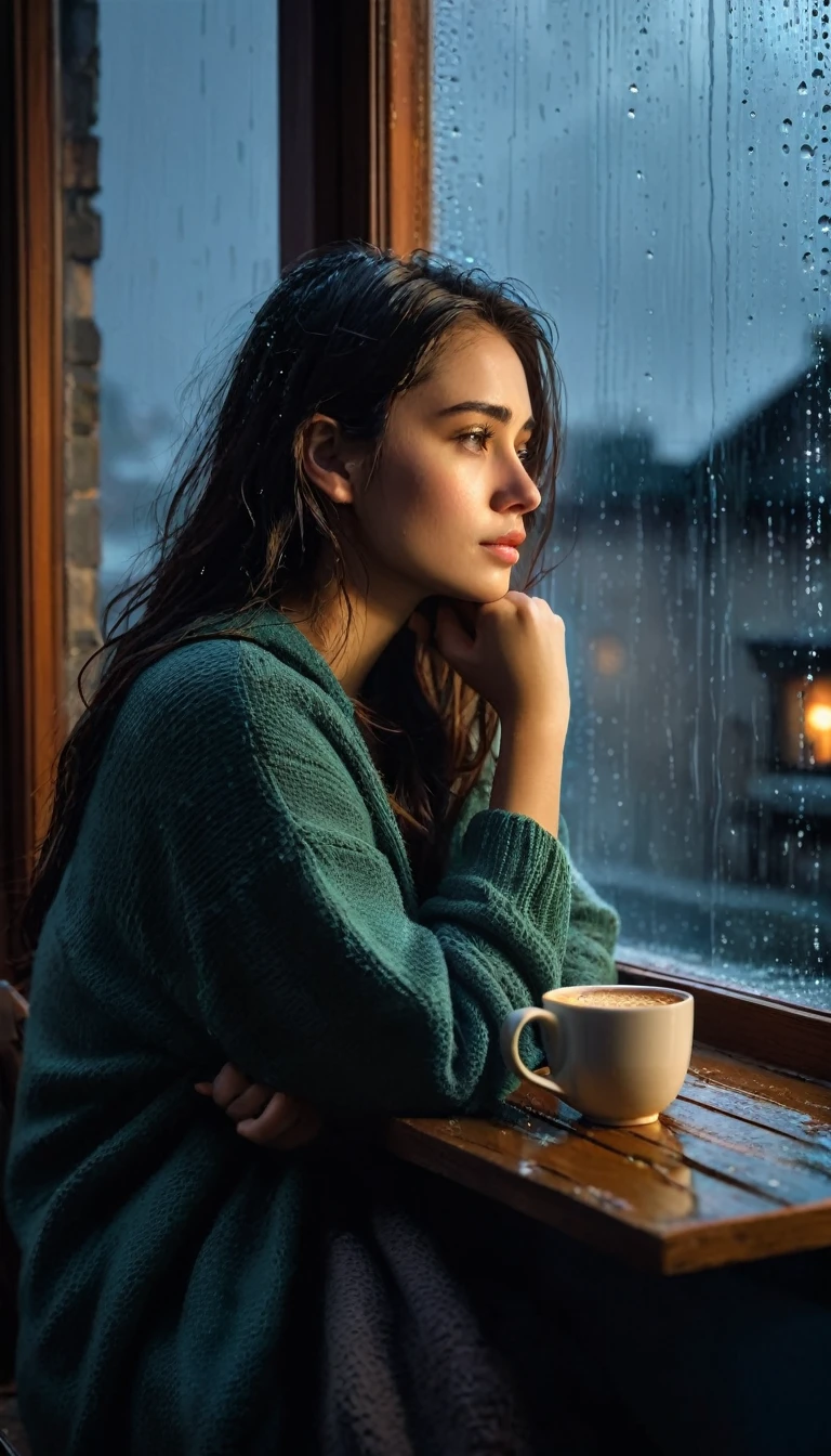 "Imagine a young woman sitting by the window, having a hot coffee on a cold and rainy day. The light is dim, coming only from candles burned at a nearby table. The young woman is dressed in comfortable clothes, but her face is gloomy and thoughtful. She is looking out the window, at the rain that falls heavily on the city. Describe the feeling of isolation and helplessness that surrounds the young woman, who is sitting alone in a cold and dark house, thinking about life and her future."