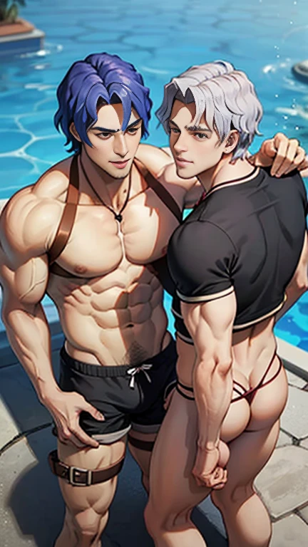 Two  boys in the pool talking next to purple and silver hair.Muscular Young man 17 years olnd thong Top view, offers herself erotically tempts seduces offers her ass to a group of guys voluminous elastic lush buttocks, Group five Sports guys forcefully love him, splashed with sticky of 16 years. Only guys, bog men, men